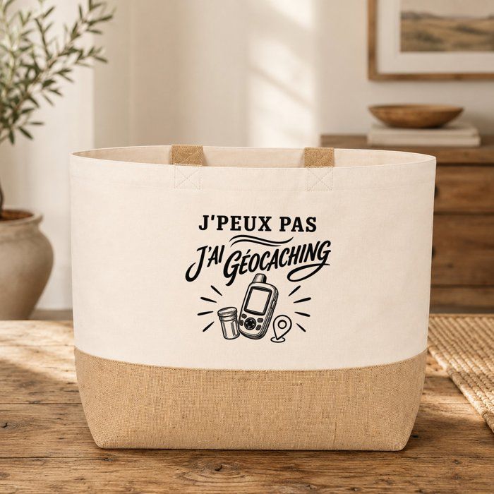 Sac J’peux pas j’ai Géocaching J'peux pas minimaliste | Cabas en Coton avec Fond Jute 18 L 48 × 37 × 13 cm | Marché Shopping Plage