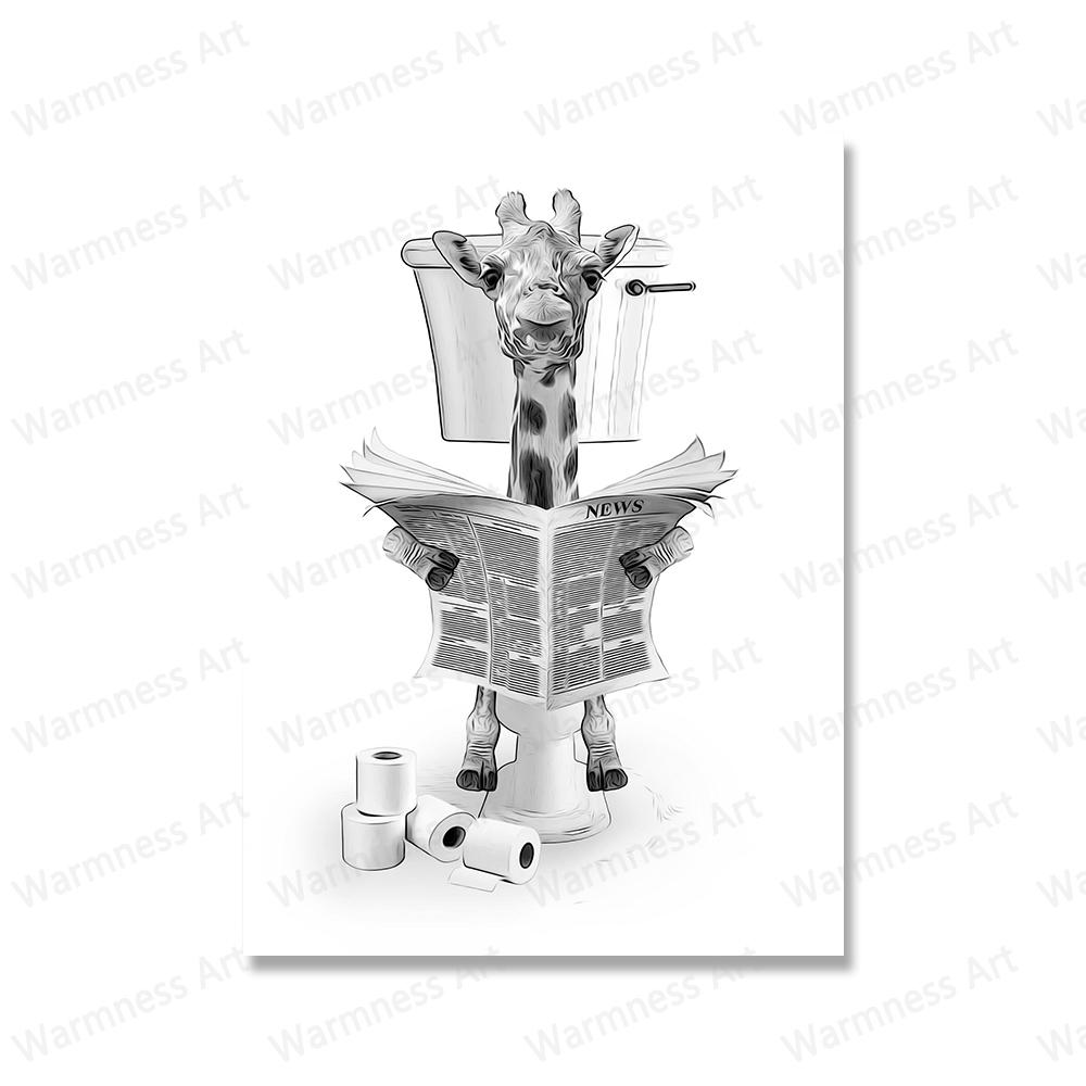 Animals Shark Pig Donkey Cat In Toilet Reading Newspaper Poster Canvas Painting Print Funny Wall Art Picture Kids Bathroom Decor