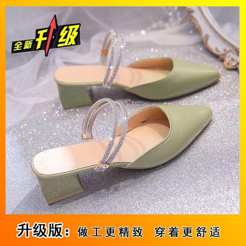 Fashion pointed thick heel solid color bag head slippers 2025 summer new rhinestone sandals daily casual lady high heels
