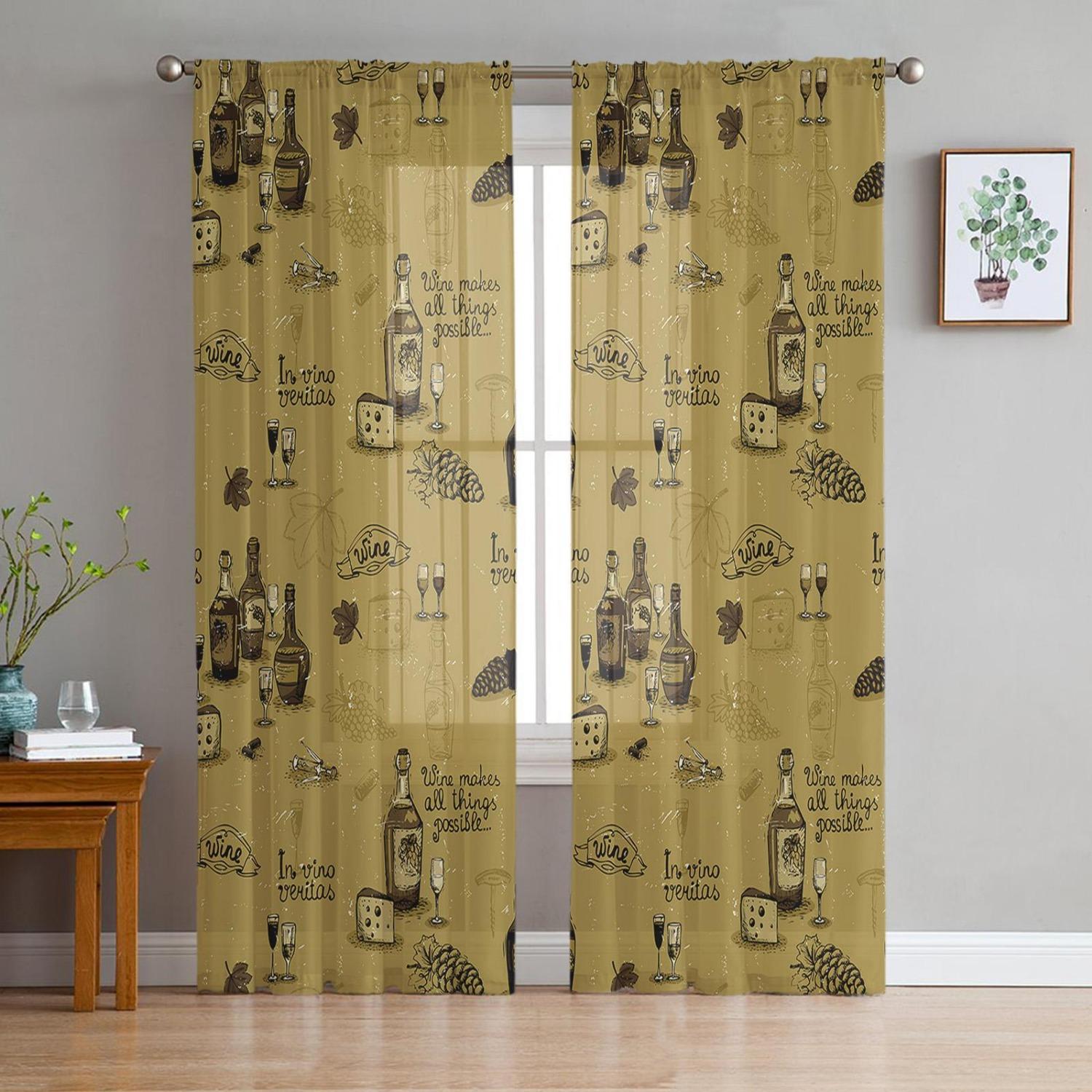 

Красное вино Бутылка вина Бокал для вина Прозрачный тюль Оконные шторы для гостиной Спальня Кухня Вуалет Штора Домашнее украшение W135 x H114cm