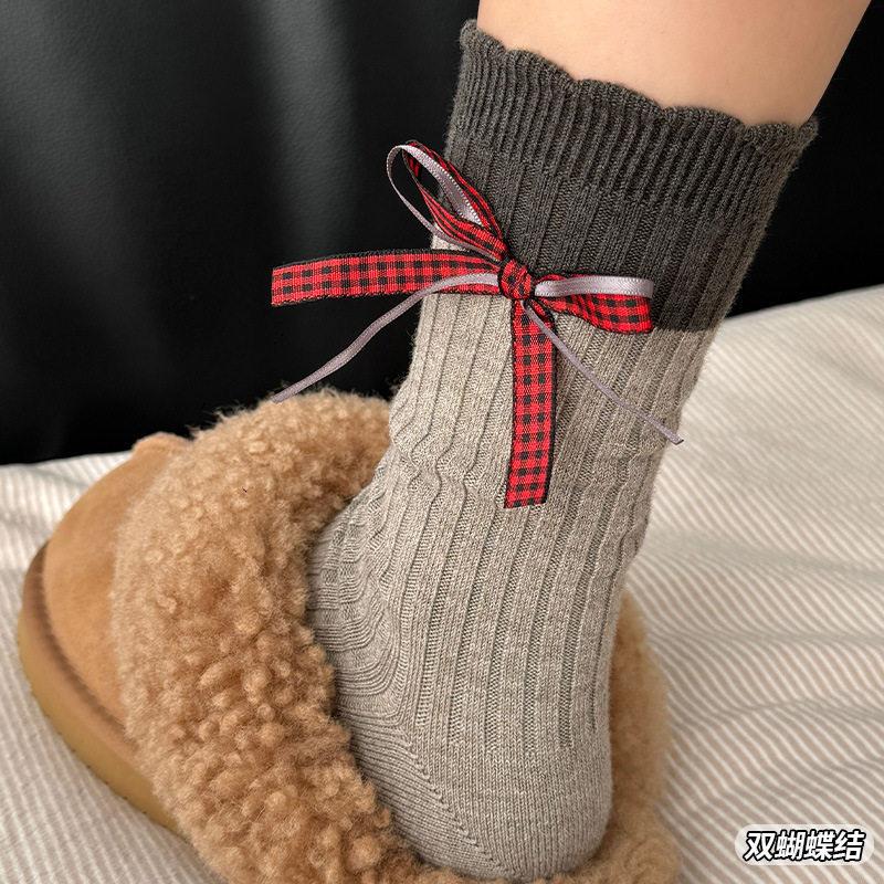 Bow Wool Socks Children Keep Warm In Autumn And Winter New Year'S Birth Year Red Boneless Stacking Socks Versatile Outer Cotton Socks