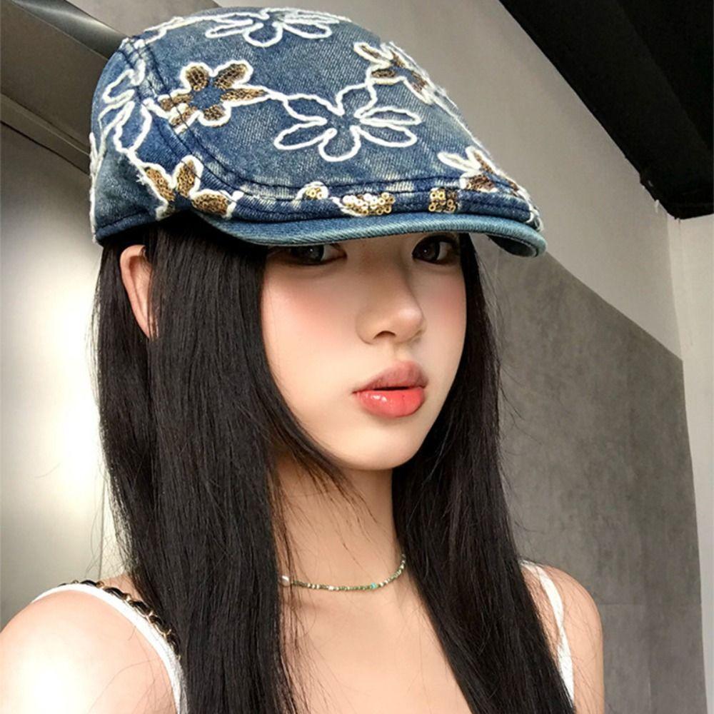 Cloth Denim Forward Cap Y2k Sequin Newsboy Cap Retro Cadet Cap  Travel