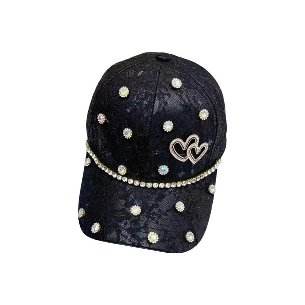 Rhinestone Heart Baseball Cap for Women Girls Fashion Patchwork Lace Low Profile Hat Trendy Adjustable Dad Hats Snapback Hat