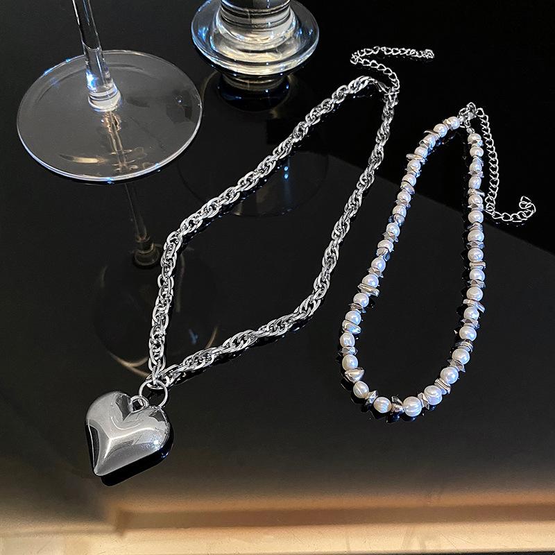 Freshwater Pearl Double-Layer Stacked Collarbone Chain Stainless Steel Hip-Hop Trend Neck Chain Three-Dimensional Big Love Necklace Pendant Female