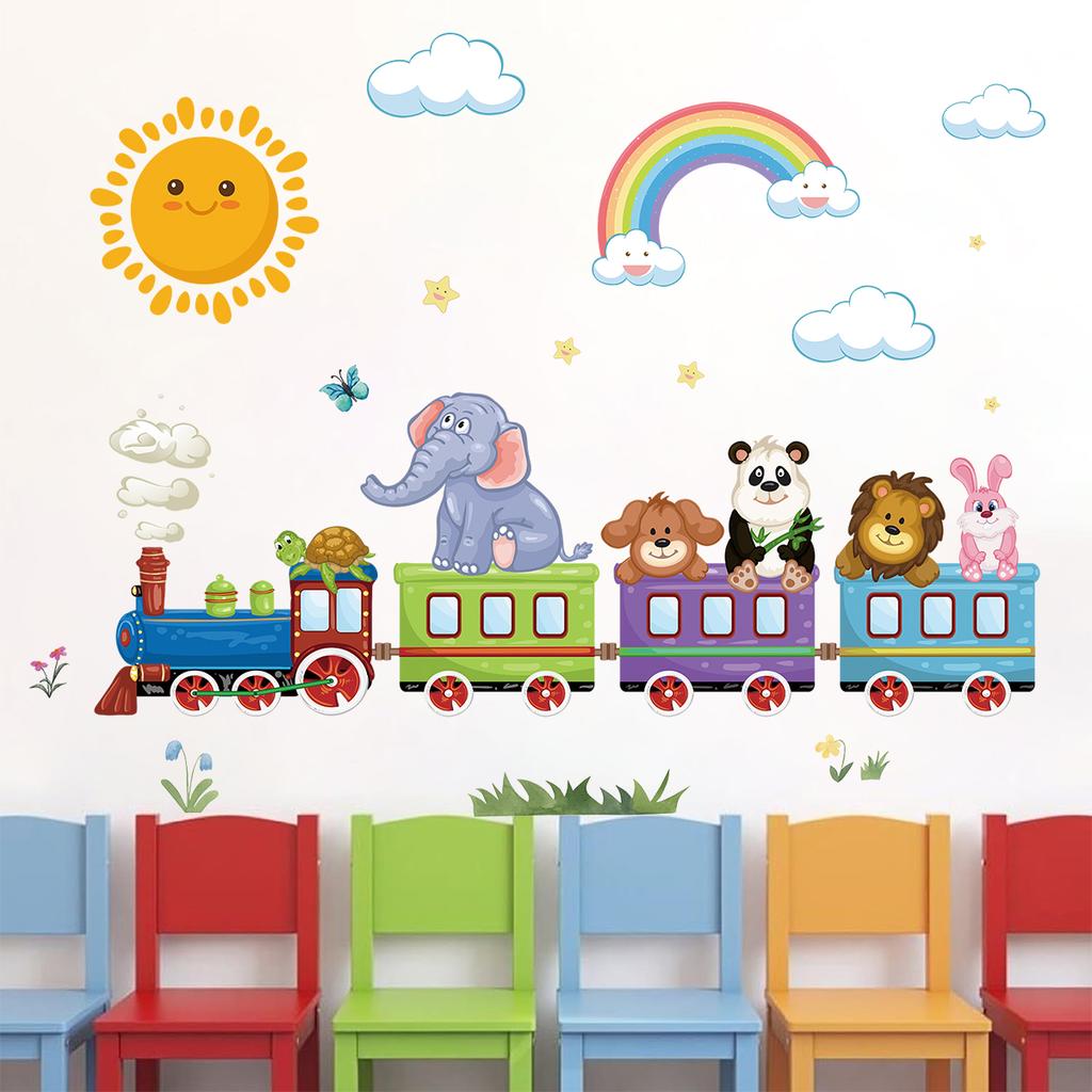 1Pc Cute Sun Rainbow Cartoon Animal Riding Train Wall Stickers for Kids Room Wall Decals Bedroom Decoration Home Decor