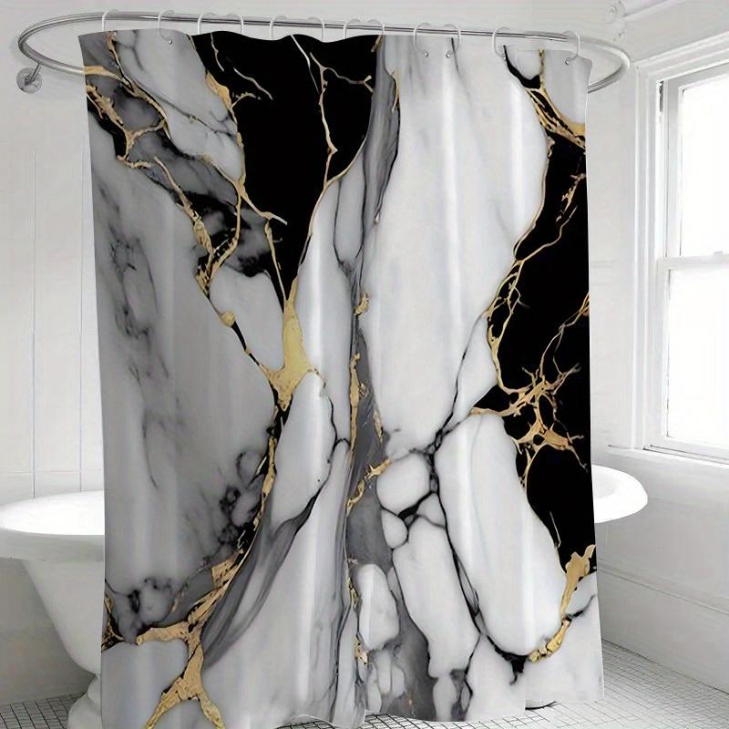 Black, White, And Gold Marble Patterned Shower Curtain, Made Of Polyester Fabric, Machine Washable, Suitable For Bathroom Dcor.