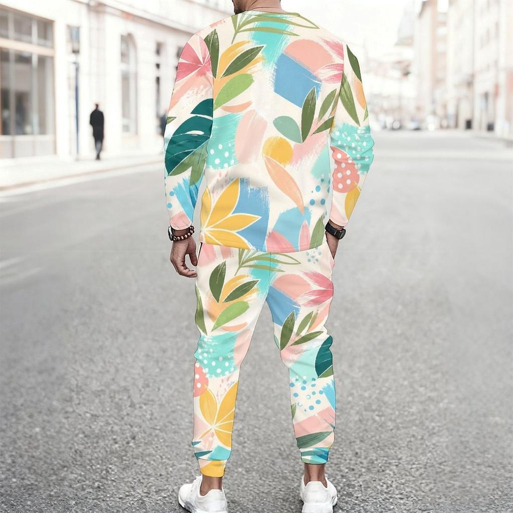 Men Plus Size Colorful Printed Two Piece Set Round Neck Long Sleeve Top Cuffed Pants