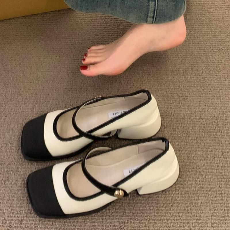 

Fashion Spring New Coarse Heel Single Shoes Women s Square Head Shallow Mouth Splicing A Word Buckle Non-slip Low-top Shoes 35