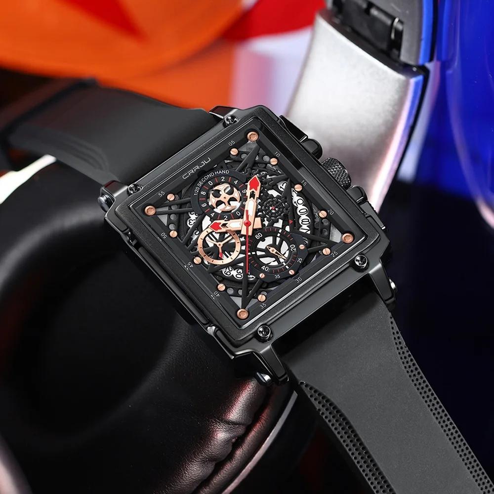 Men's Sports Chronograph Wrist Watch For Men Army Silicone Strap Square Quartz Stop Watch