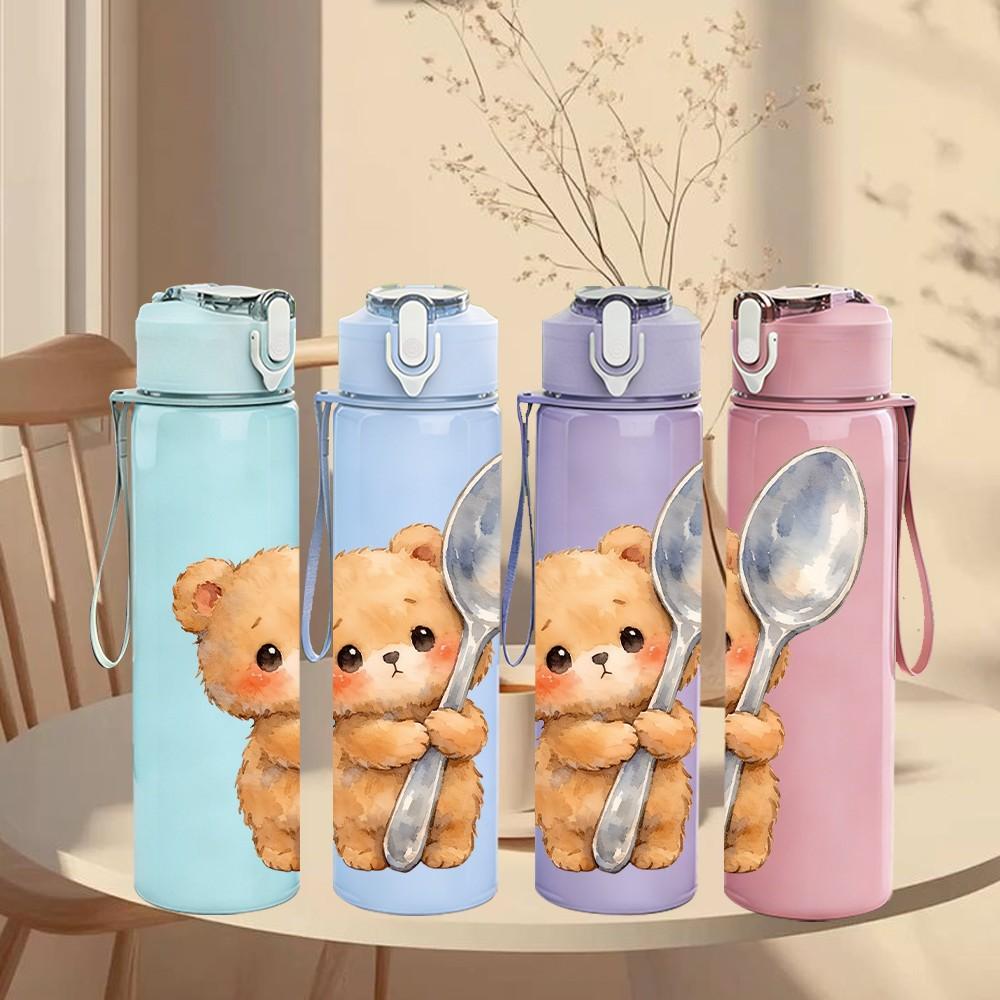 1PC Bear Holding Spoon Cute Cartoon Print 750ml Color Plastic Sports Water Bottle Leakproof Flip Straw Lid Suitable for Sports Office Home Use