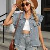 Women's Ruffle Sleeveless Denim Vest Lapel Button Down Frayed Hem Casual Loose Fit Jean Waistcoat Jacket for Spring Fall Daily Wear