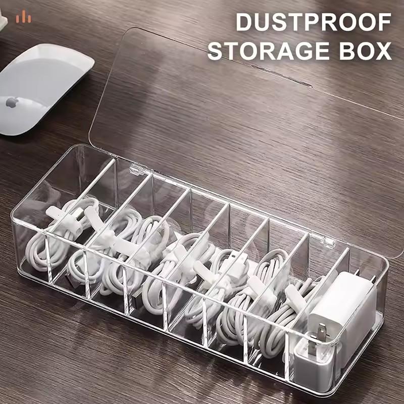 Transparent Plastic Data Cable Storage Box Household Mobile Phone Charger Cord Organizer Divided Grid Finish Box