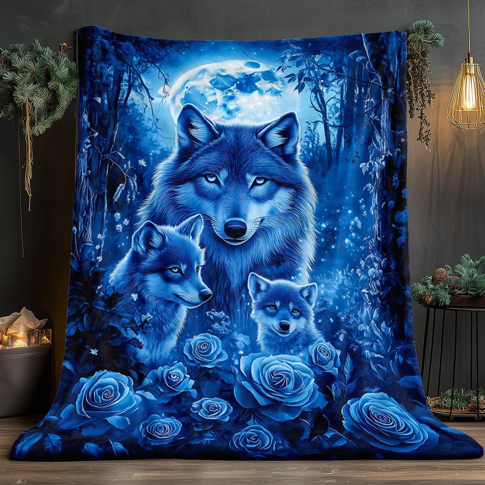 Wolves in Blue-Toned Forest Flannel Throw Blanket - Lightweight Portable All-Season Soft Warm Digital Print with 3 Wolves, Blue