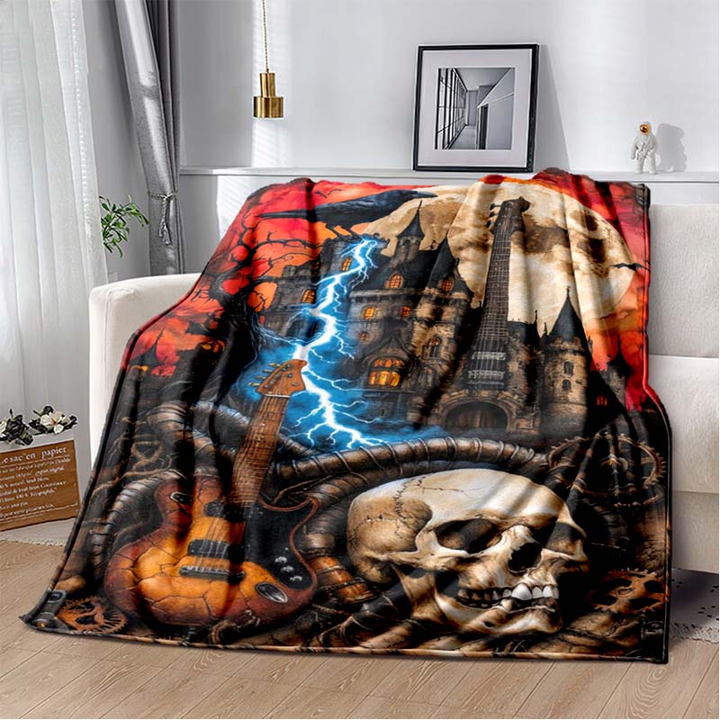 Tropical Beach Electric Guitar Print Flannel Blanket, Palm Tree & Amp Throw Blanket