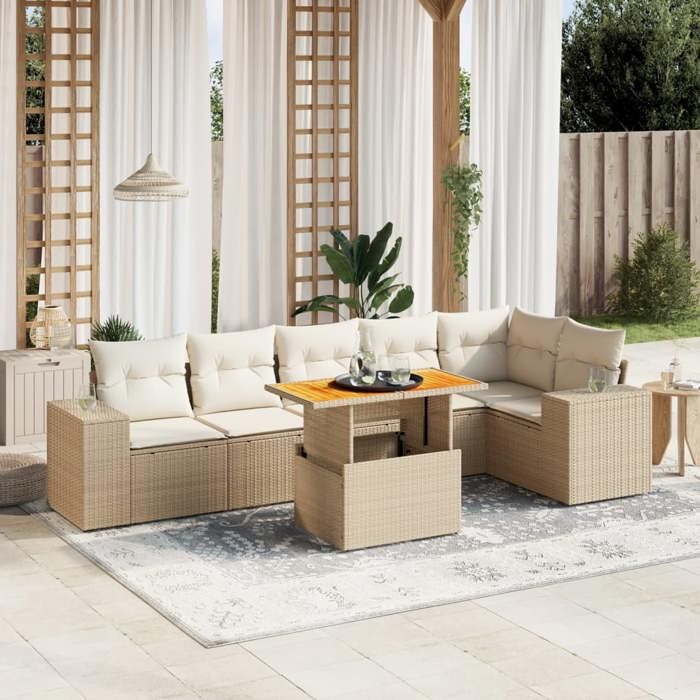 VidaXL Salon de Jardin avec Coussins 7 pcs, Canapés de Terrasse, Ensemble de Meubles de Patio, Mobilier d'Extérieur, Beige 3272647
