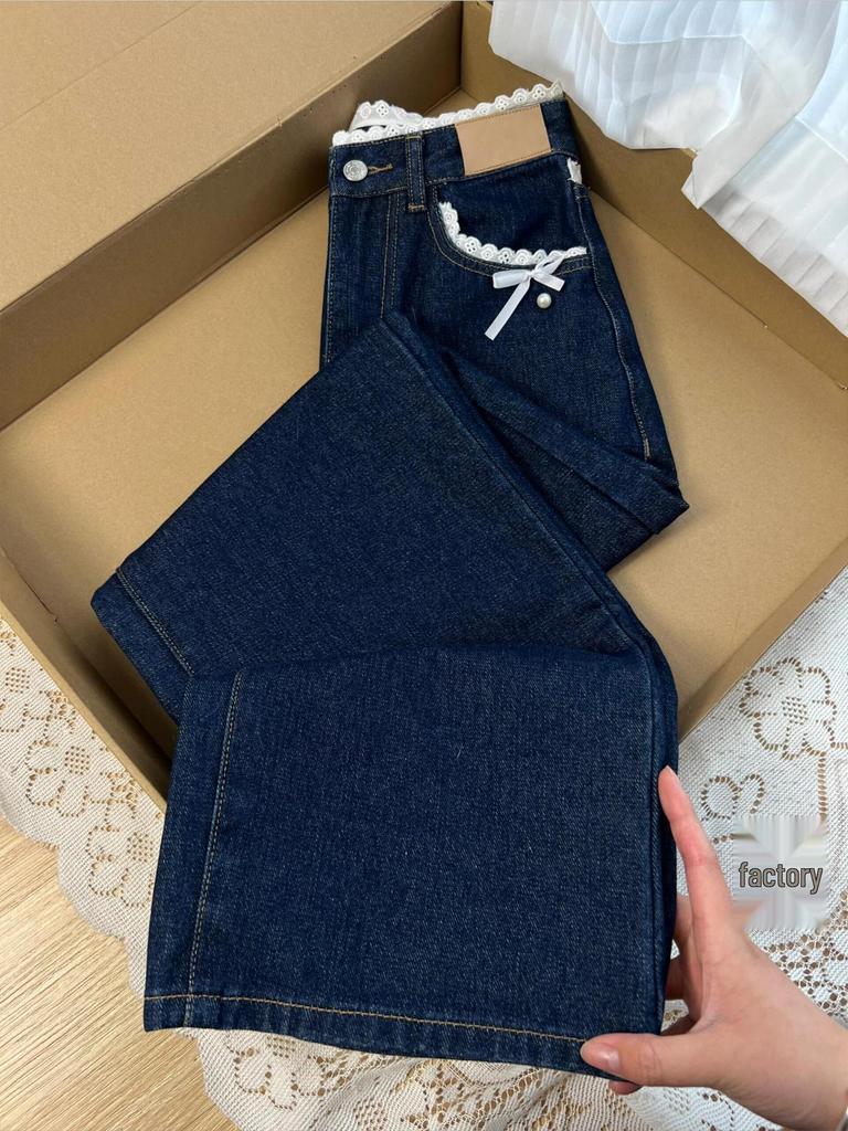 Blue Lace Denim Jeans: Women's Slimming, Loose-Fit, Washable Straight Pants for Spring and Autumn