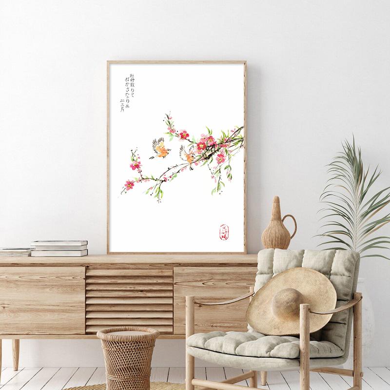 Japanese Watercolor Sakura Birds Posters and Prints Cherry Blossom Flower Canvas Painting Wall Art Picture for Living Room Decor