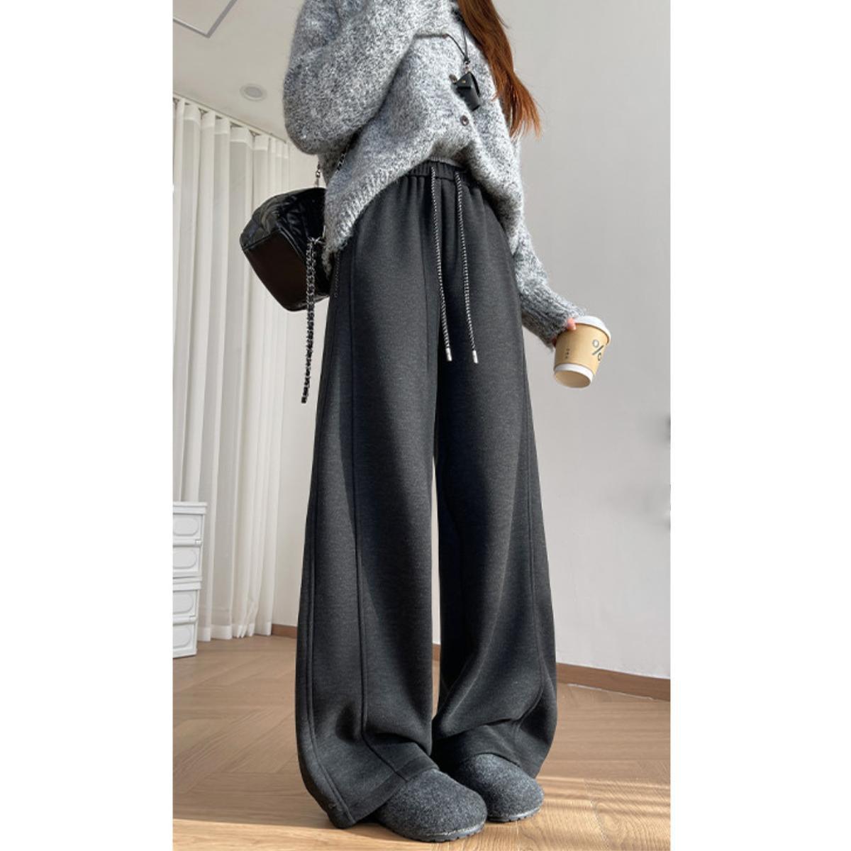 

Winter New Arrival: Plus Velvet High Waist Color Block Wide Leg Sweatpants Dark Gray, Fleece, Tall (162cm+)