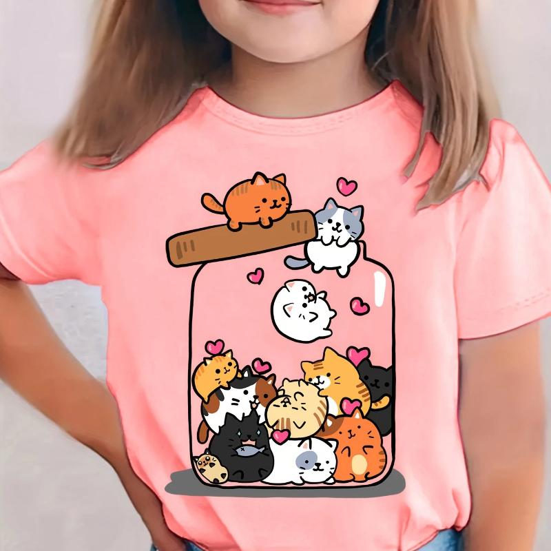 

Summer Fashion Short-Sleeve T-Shirt for Girls with a Cat Print, Casual Top 100 розовый