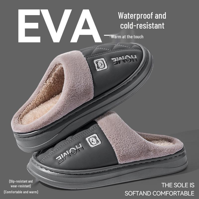 2025 New PU Leather Waterproof Non-Slip Cotton Slippers for Men and Women - Indoor Warm Autumn/Winter Footwear