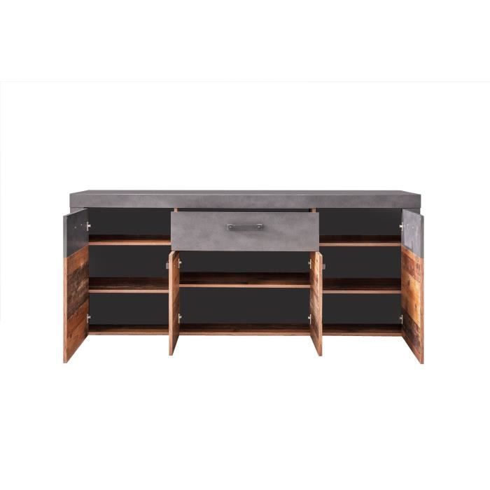 INDY Low Sideboard 4 Doors and 1 Drawer - Aged Wood and Matt Gray Melamine - L 178 X D 40 X H 77 Cm