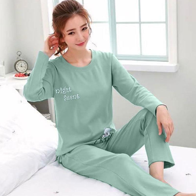 Women Autumn Winter Long-sleeved Cartoon Pajamas Set 2024 New Round Neck Cute Solid Color Pullover Sleepwear Clothes Set