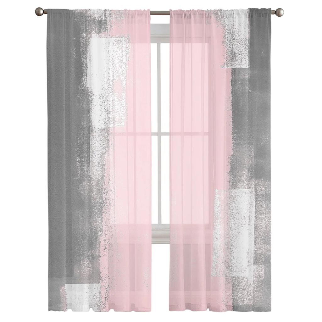 Pink Oil Painting Texture Paint Tulle Curtain For Living Room Bedroom Kitchen Decoration Window Voiles Tulle Curtain