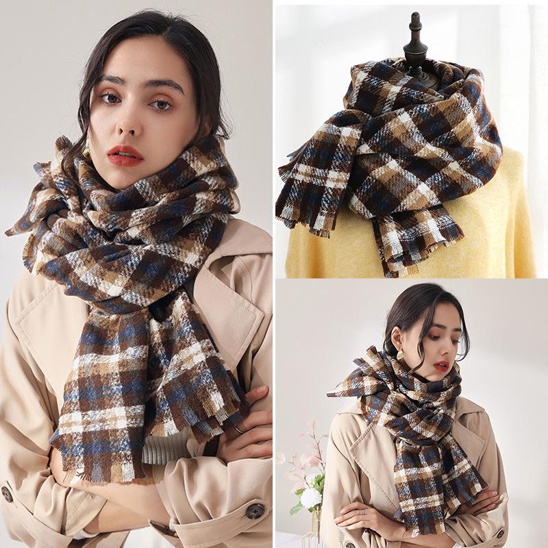 Women's Fashionable Plaid Scarf - 2025 Korean Style Warm Faux Cashmere Autumn/Winter Shawl