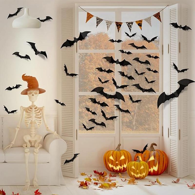 50Pcs/set Halloween 3D Black Bat Wall Stickers With Plastic Spiders for Home Room Decoration Scary Props Kids Party Supplies