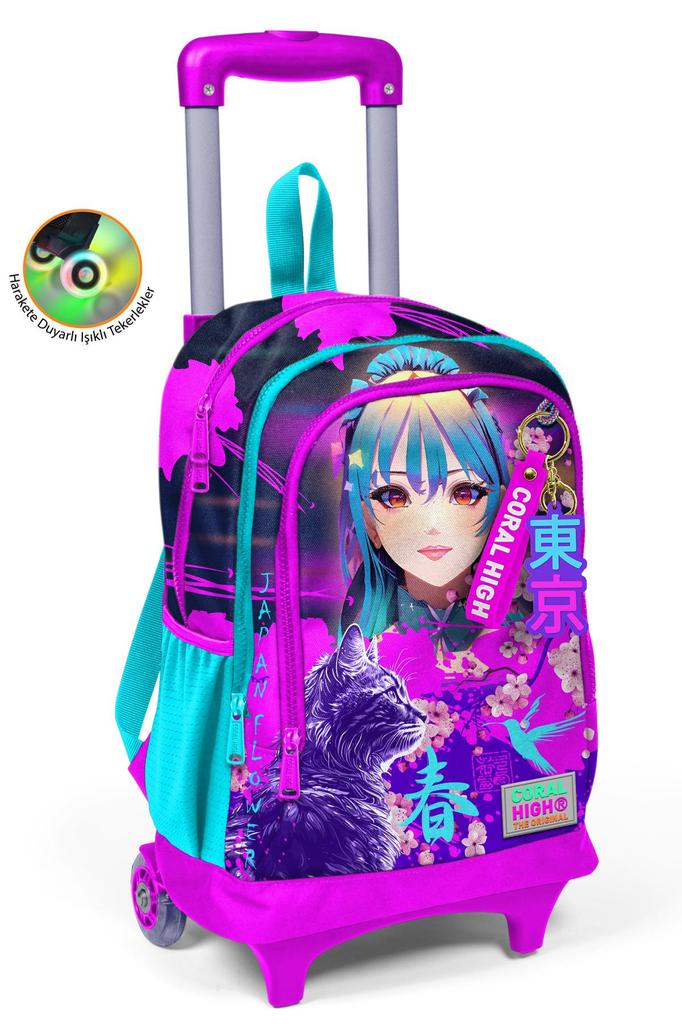 Coral High Kids Purple Pink Anime Cat Patterned Three-Compartment School Backpack 23953