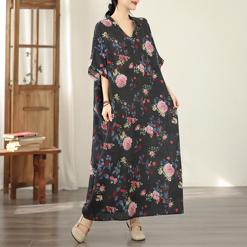 DIMANAF New 2026 Women Plus Size Spring Summer Beach Vintage Floral Print Black Long Dress Loose Oversize Maxi