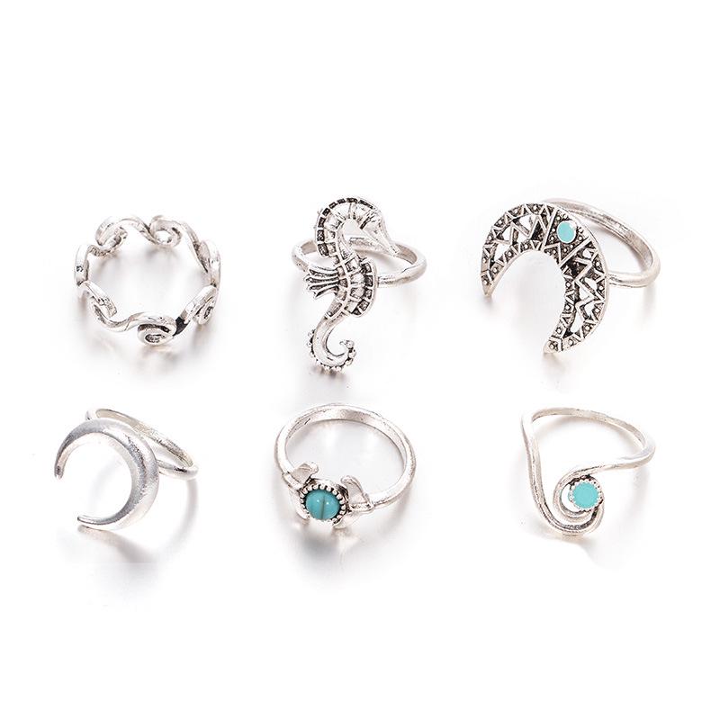 Exaggerated Seahorse & Moon Turquoise 6-Piece Ring Set