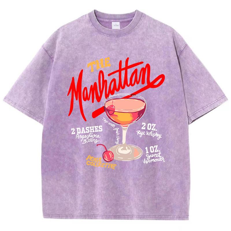 Oversized Women Washed T-Shirts The Manhattan Cherry Cocktail Printed Tee Shirts Distressed Crewneck Cotton Tees Fashion Clothes