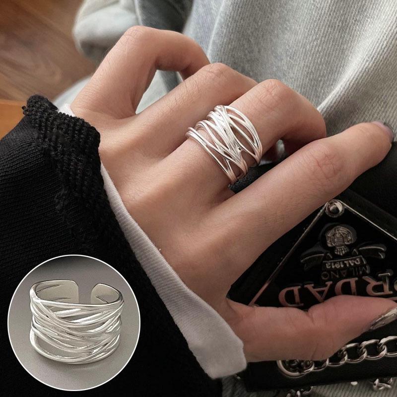 S925 Silverpläterad minimalistisk flerlagers öppen ring för kvinnor