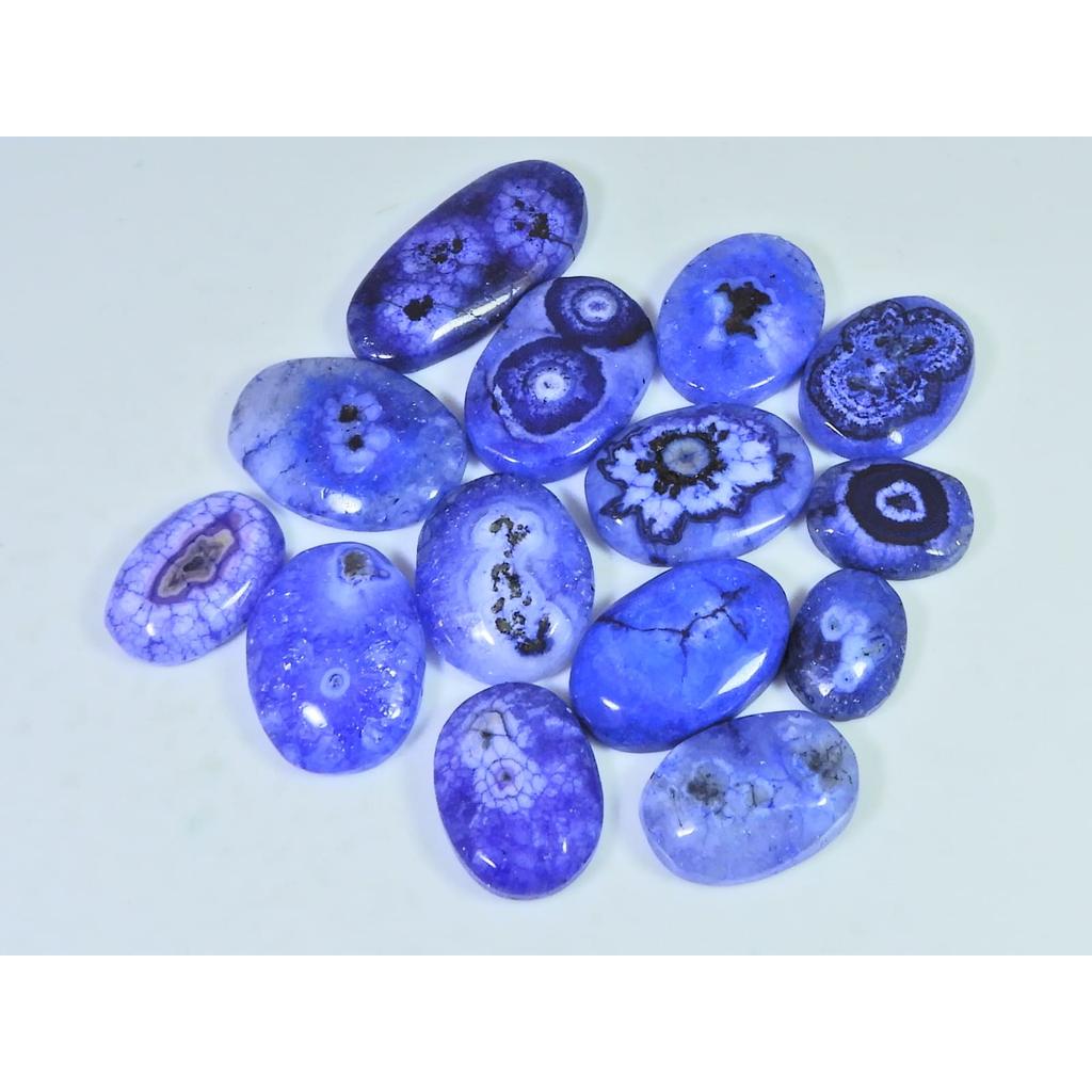 203Cts.Color Enhanced Blue Solar Cab Agate Oval Loose Gemstone 14Pcs Lot C-2144