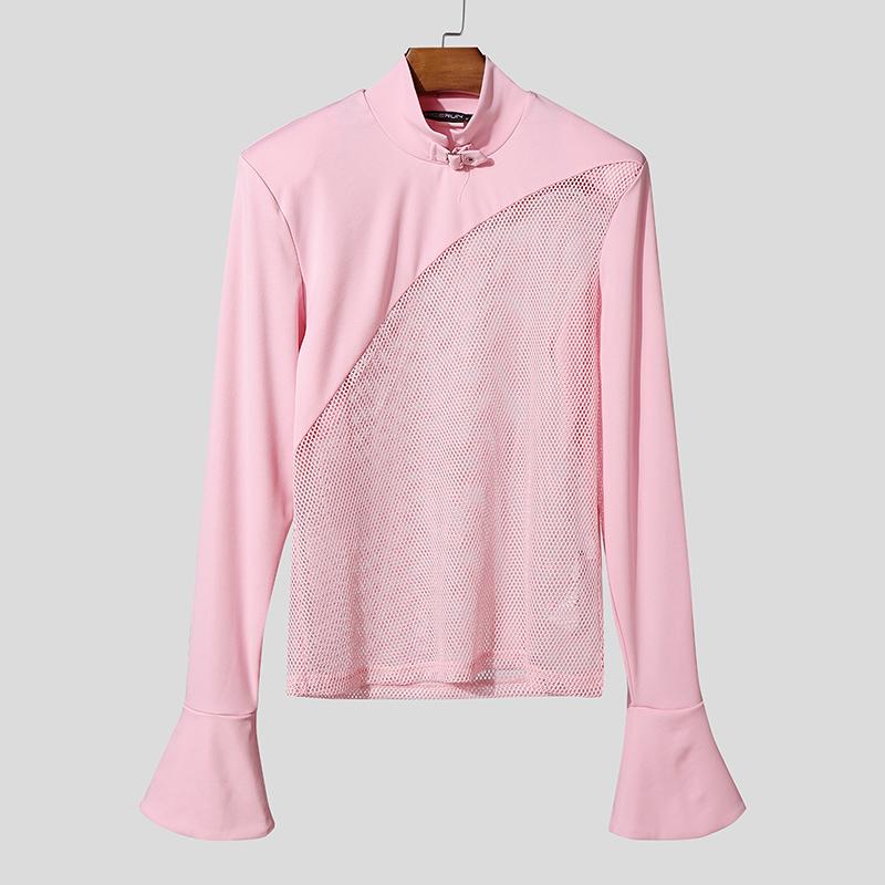 INCERUN Men Mockneck Long Sleeve Webbing Patchwork Fitted Casual Undershirts T-shirts