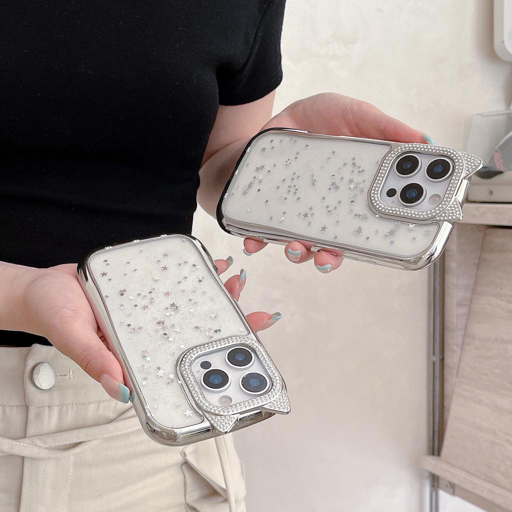 For IPhone16ProMax Flash Diamond Phone Case for Apple15 Cute Cartoon Cat Ears 14 Electroplating Protective Case