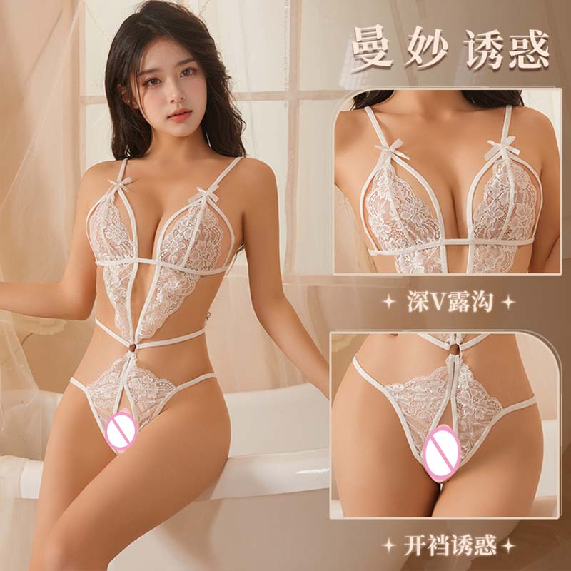 Sexy Crotchless  Lingerie Women Lace Hollow Bodysuit Erotic Pajamas Teddy Babydoll Dress Deep V Open Bra Porn Underwear Set