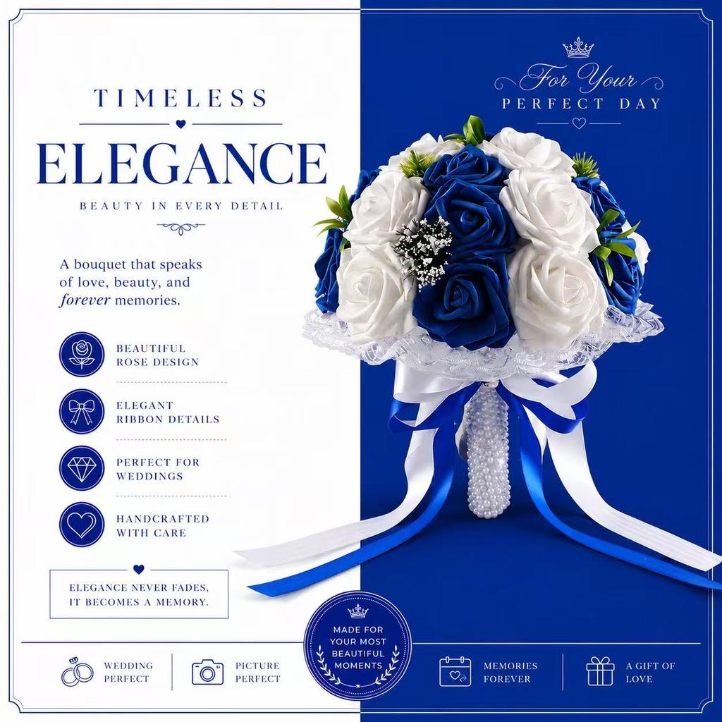 Elegant Blue & White Foam Rose Bridal Bouquet with Lace Trim Satin Bow and Pearl Handle for Wedding Ceremony