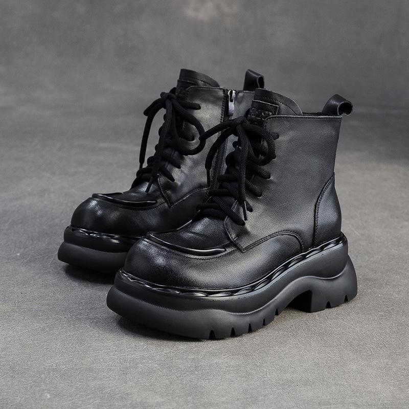 Johnature Genuine Leather Thick Soled Ankle Boots Retro Round Toe Side Zipper Women's Short Boots