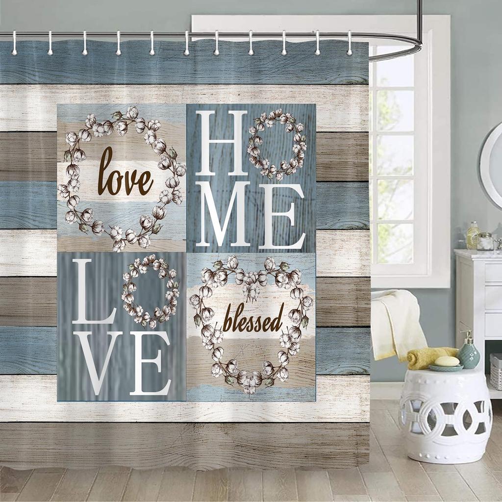 4PCS Rustic Floral Flower Sweet Love Home Fabric Shower Curtain Set, with Non-Slip Rugs, Toilet Lid Cover and Bath Mat Farmhouse Country Vintage Wood