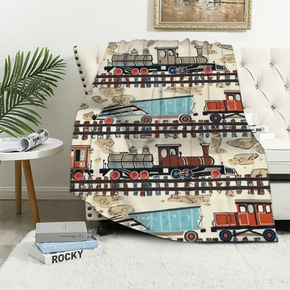 Retro train pattern digital-printed polyester Bedroom velvet flannel cover blanket Fleece soft sofa cover blankets for beds