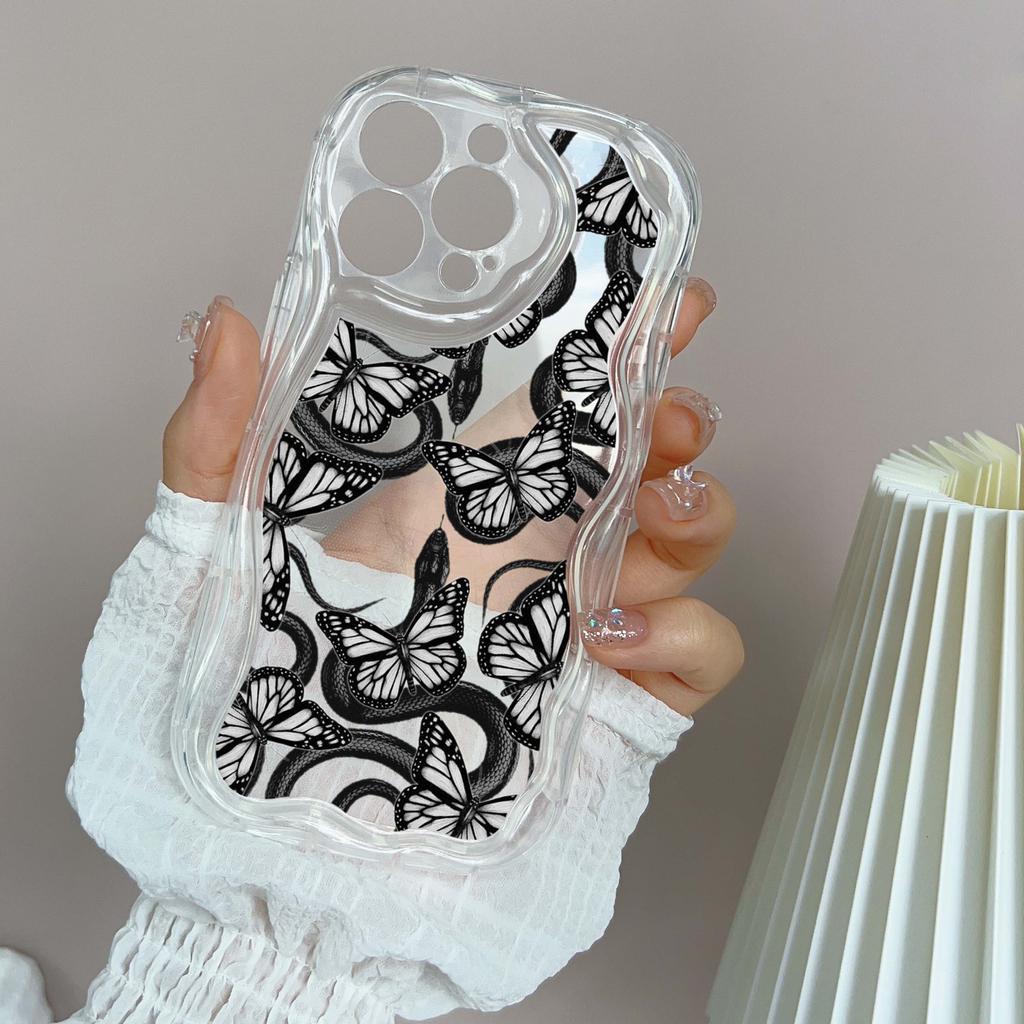 LZ5 Butterfly Černo-zlatý Hadí Průhledný Měkký Vlnitý Pouzdro na Telefon pro iPhone 15 13 Pro Max 12 Mini 14 8 Plus XS Max XR 6 Ochranný Zadní Kryt