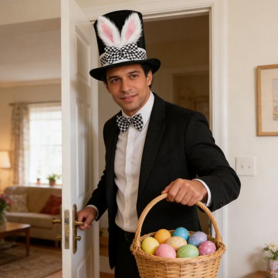 Yousheng Easter Bunny Ear Top Hat for Women Men Adults Furry Rabbit Ear Hat with Checkered Bow for Halloween Party Costume Easter Cosplay Accessory