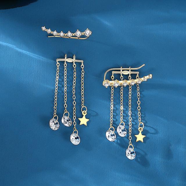 1 Pair 925 Sterling Silver Shiny Zircon Star Tassel Long Drop Earring For Women Luxury Party Punk Jewelry Accessories Eh1387