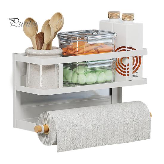 Magnetic Storage Rack with Paper Towel Holder Large Capacity Easy To Install Fridge Spice Shelf Kitchen Organizer with Towel Roll Holder