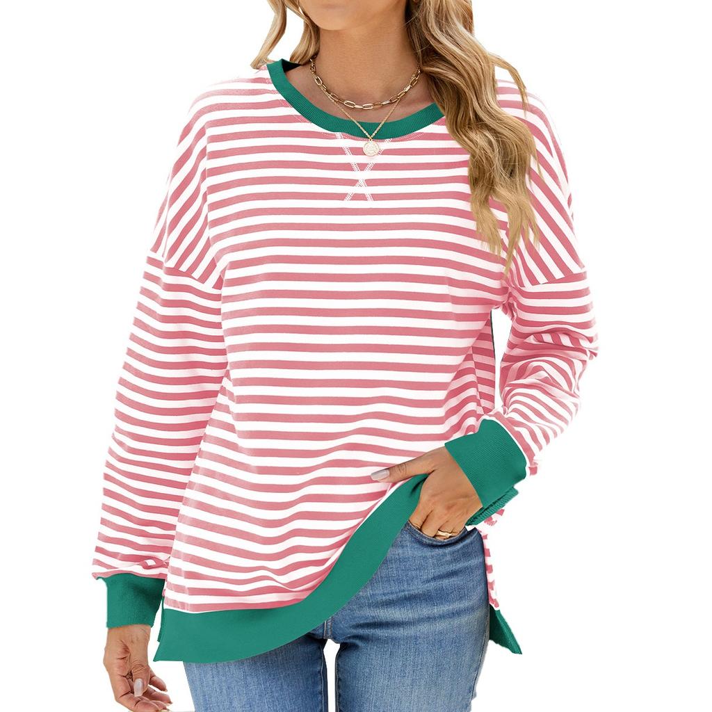 Elegant and Fashionable Autumn and Winter Comfortable Round Neck Striped Splicing Open Loose Long-sleeved Sweater Jacket Pullover Shirt Hoodies