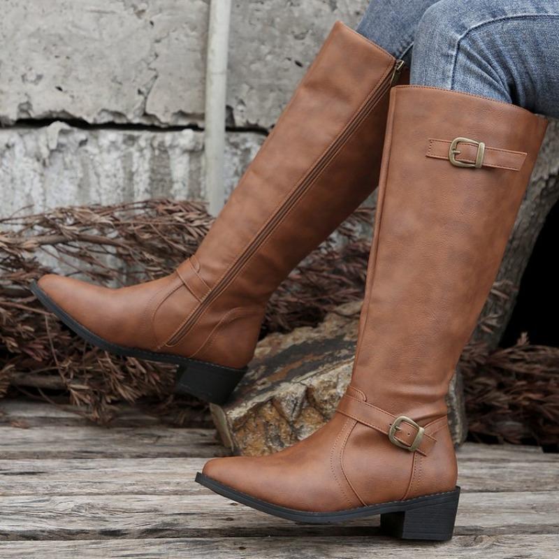 Large size square and pointed locomotive style women's boots autumn and winter new high tube but knee going out boots