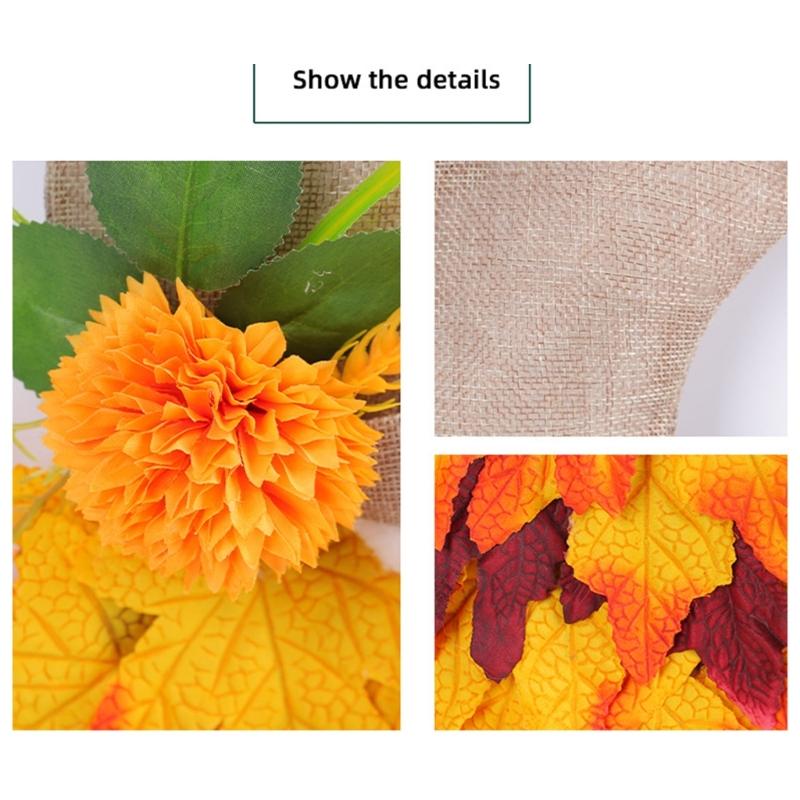 Harvest Gnomes Figure Maple Leaf Flower Fall Wreath Hanging Sign Ornament for Farmhouses Front Door Wall Decoration