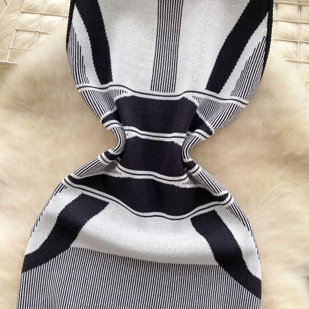 Summer Women French Senior Knitting Sweater Tank Dress Female O Neck Sleeveless High Elastic Slim Fit Sundress Patchwork Chic OL Mini Dress